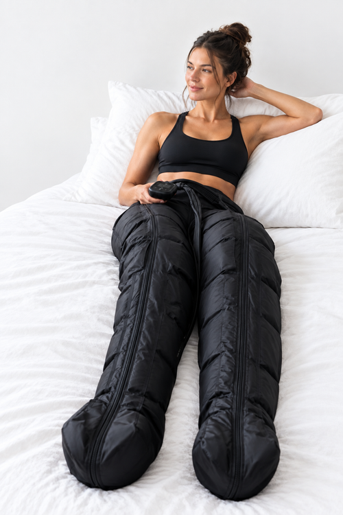 Mujer tumbada con pantalón de presoterapia